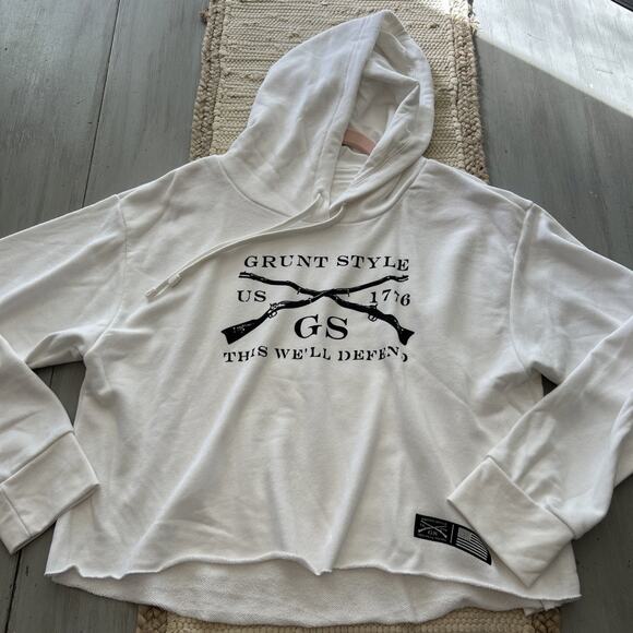 Grunt Style White Black Logo Pullover Hoodie Women’s Sz XXL Raw Hem - Picture 1 of 8